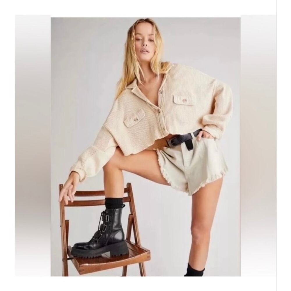 Free People FP One Scout Thermal Waffle Knit Cropped Jacket M Oversized Sand